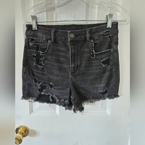American Eagle Black Distressed Curvy Hi-Rise Shortie Denim Shorts (size 4)